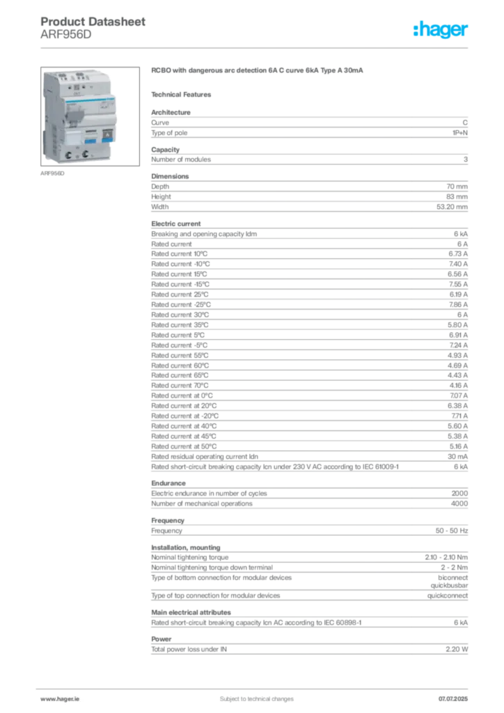 Image Hager Product data sheet ARF956D  | Hager