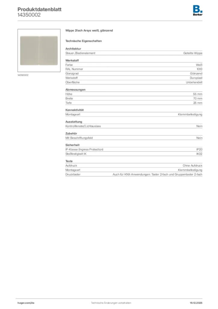 Bild Berker Produktdatenblatt 14350002 | Hager Deutschland