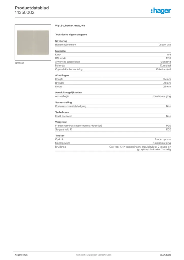 Afbeelding Hager Productdatablad 14350002 | Hager Nederland