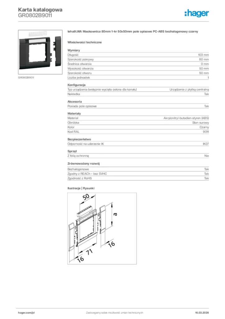 Zdjęcie Hager Karta katalogowa GR0802B9011 | Hager Polska