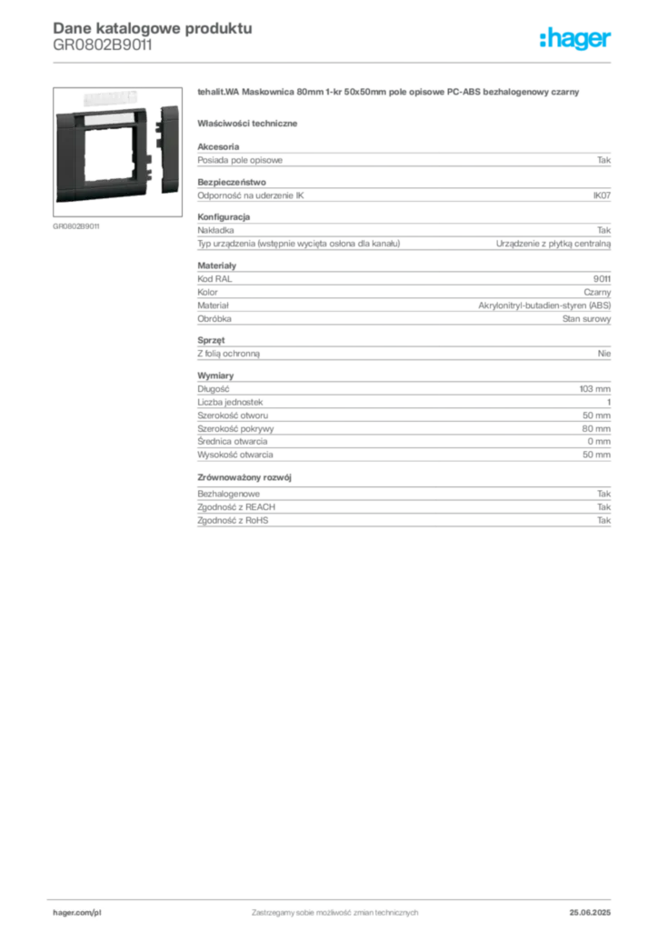 Zdjęcie Hager Karta katalogowa GR0802B9011 | Hager Polska