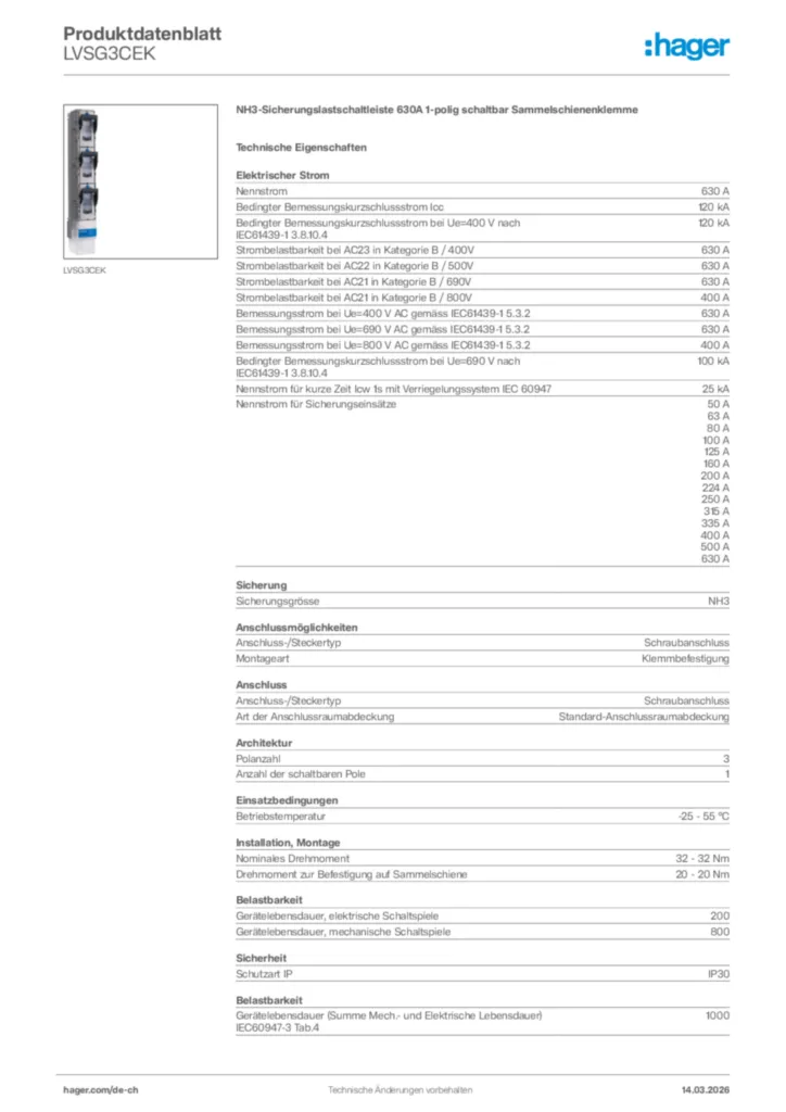 Bild Hager Produktdatenblatt LVSG3CEK | Hager Schweiz