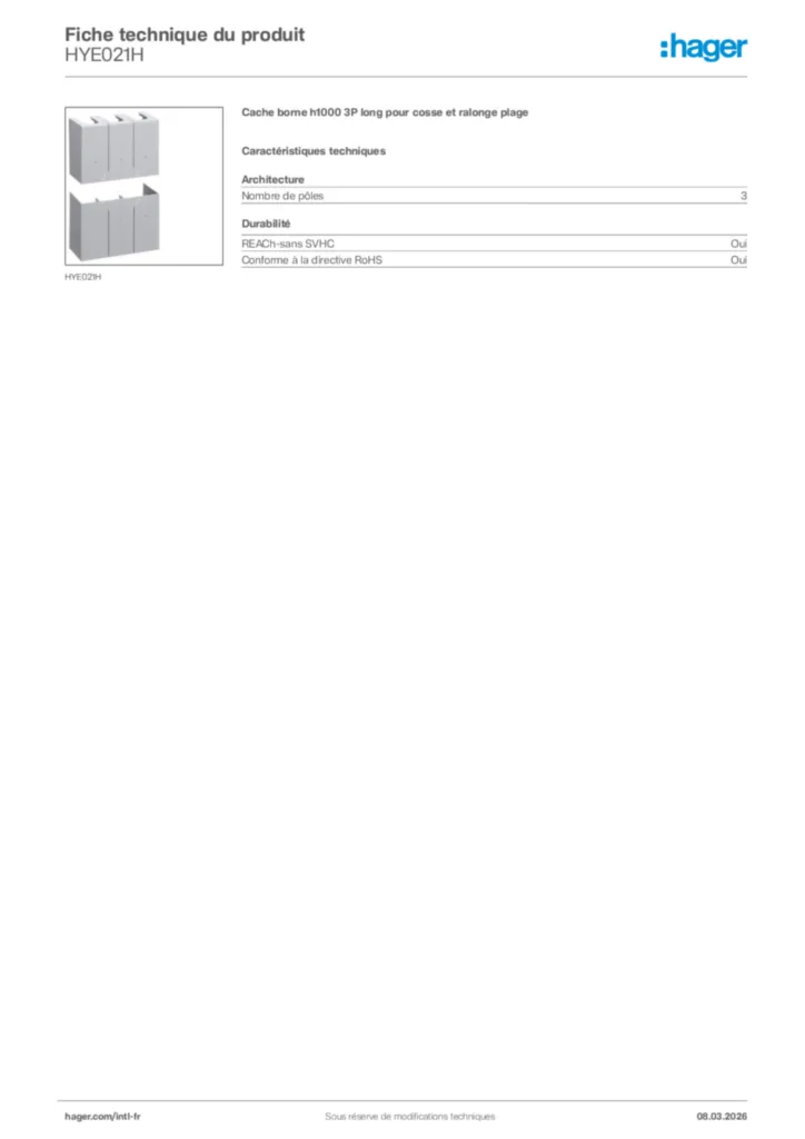 Image Hager Fiche technique du produit HYE021H | Hager Afrique