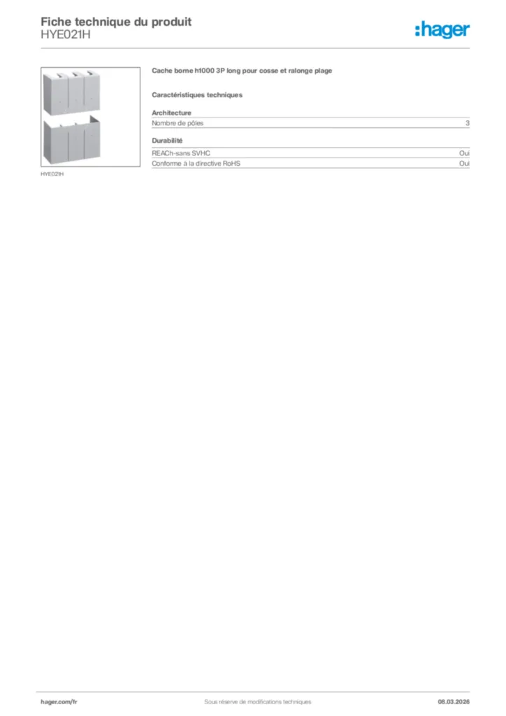 Image Hager Fiche technique du produit HYE021H | Hager France