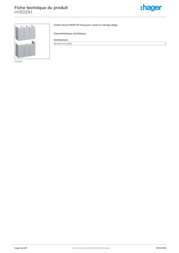 Image Hager Fiche technique du produit HYE021H | Hager France