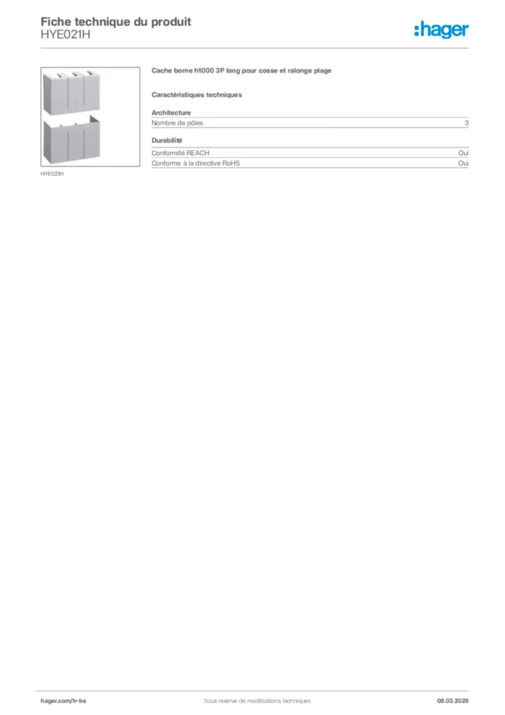 Image Hager Fiche technique du produit HYE021H | Hager Belgique