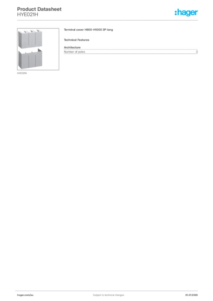 Image Hager Product data sheet HYE021H  | Hager Australia