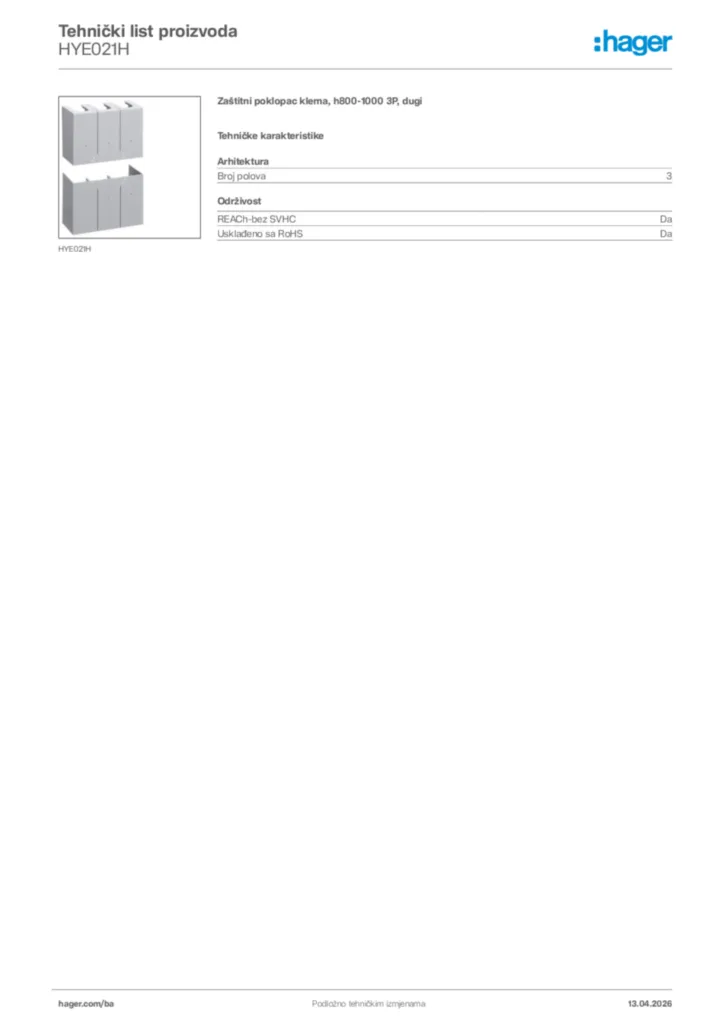 Slika Hager Tehnički list proizvoda HYE021H  | Hager