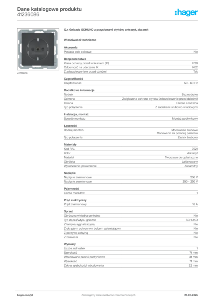 Zdjęcie Hager Karta katalogowa 41236086 | Hager Polska