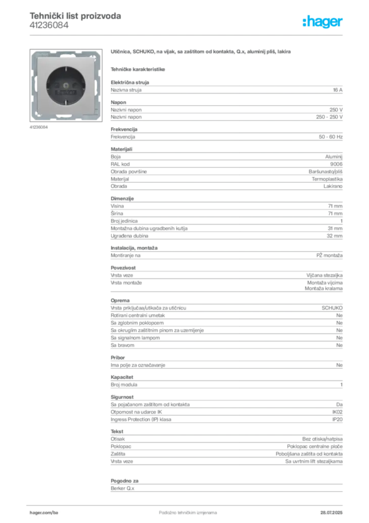 Slika Hager Product data sheet 41236084  | Hager