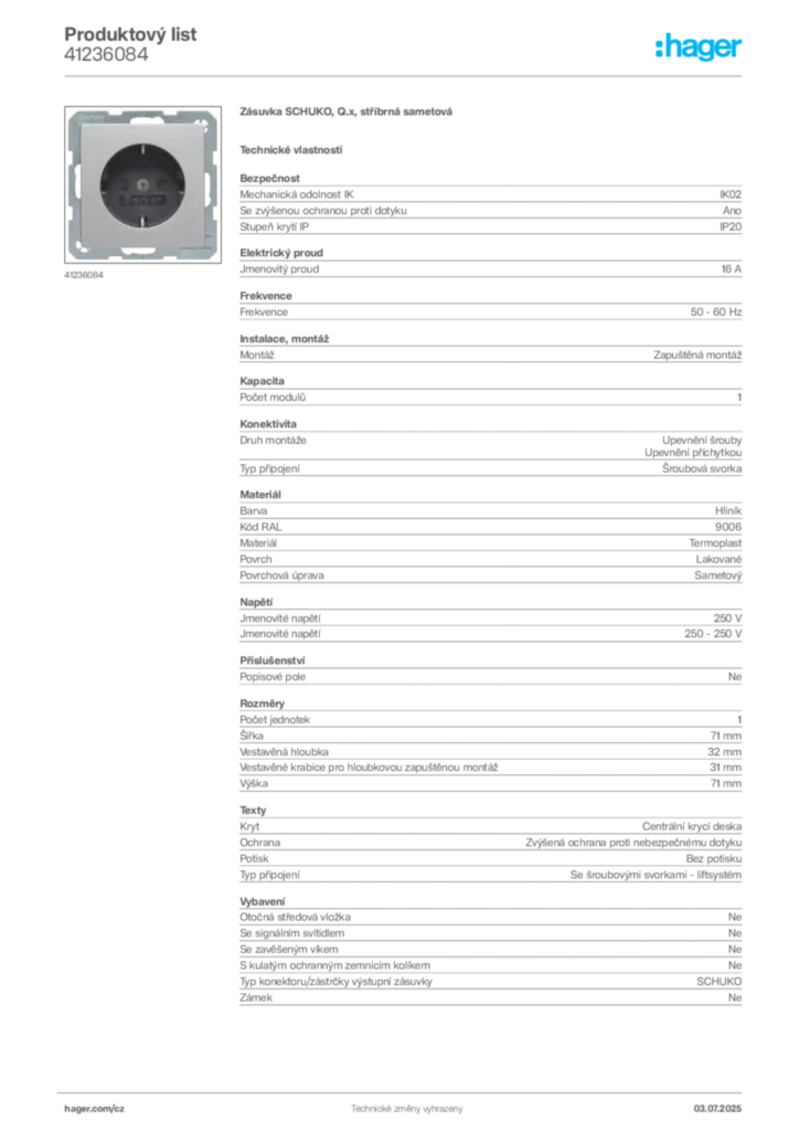 Obrázek Hager Produktový list 41236084 | Hager