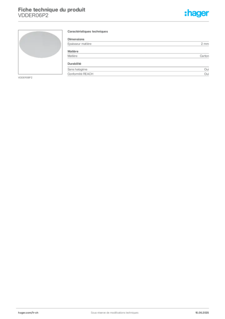 Image Hager Fiche technique du produit VDDER06P2 | Hager Suisse
