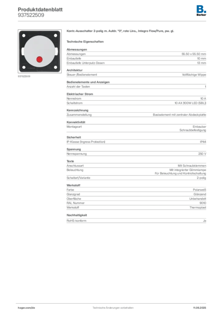 Bild Berker Produktdatenblatt 937522509 | Hager Deutschland