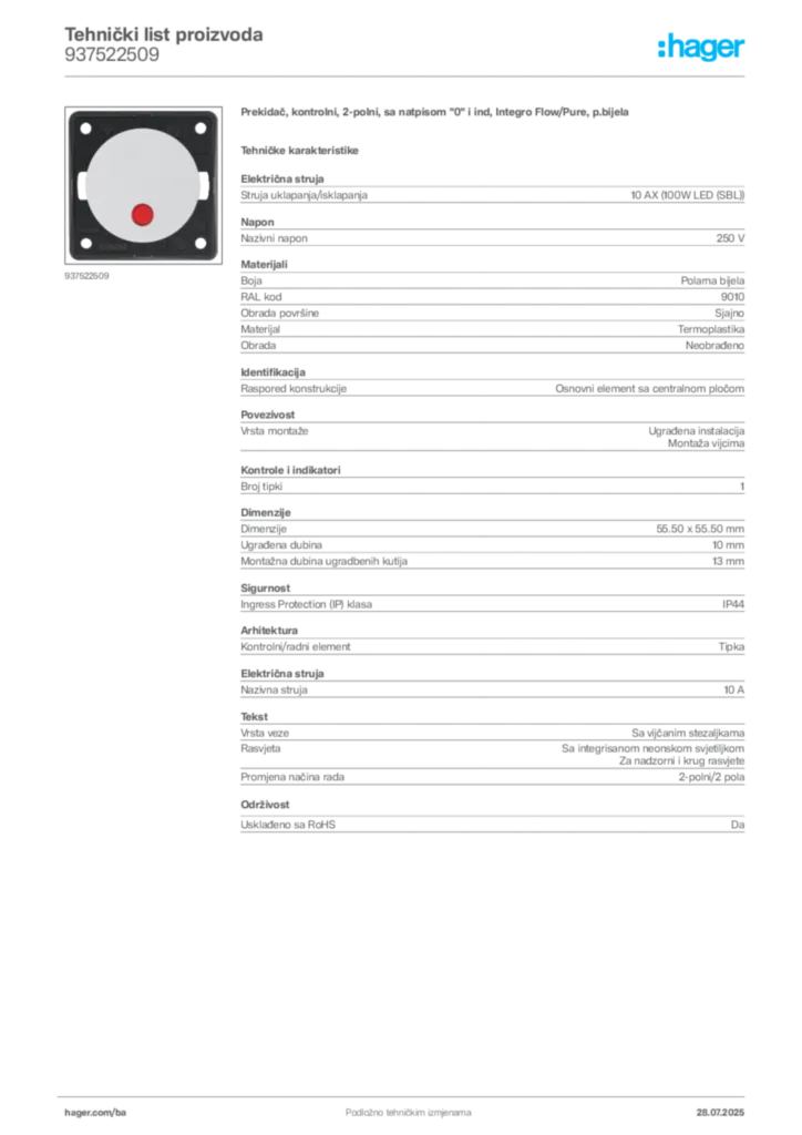 Slika Hager Product data sheet 937522509  | Hager