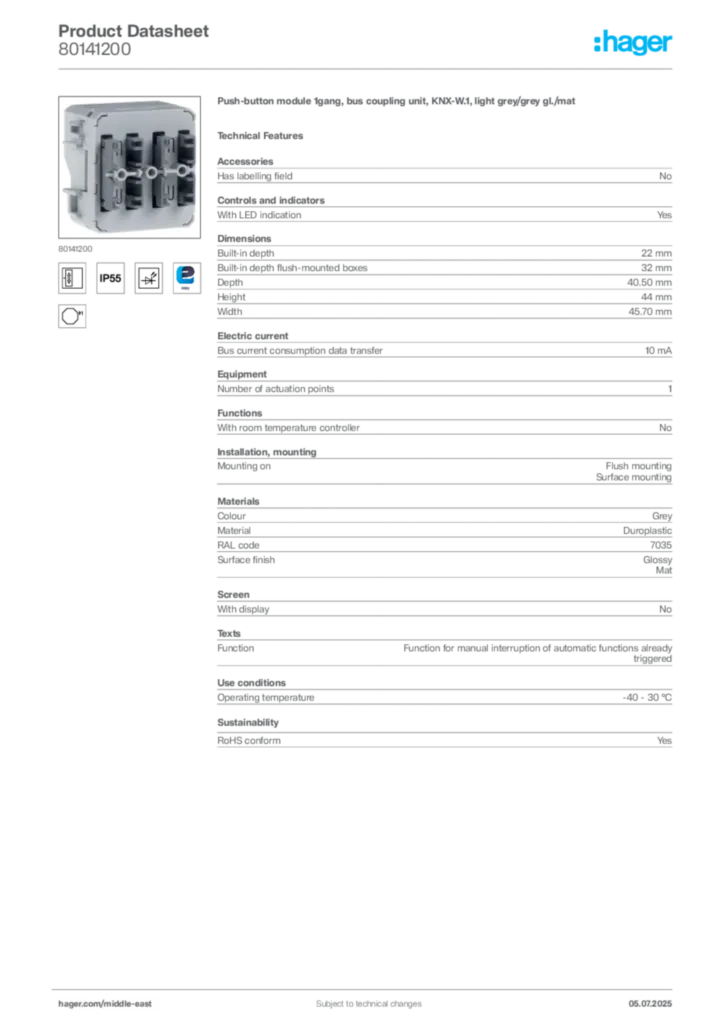 Image Hager Product data sheet 80141200  | Hager