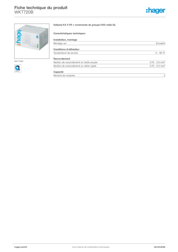 Image Hager Fiche technique du produit WKT720B | Hager France
