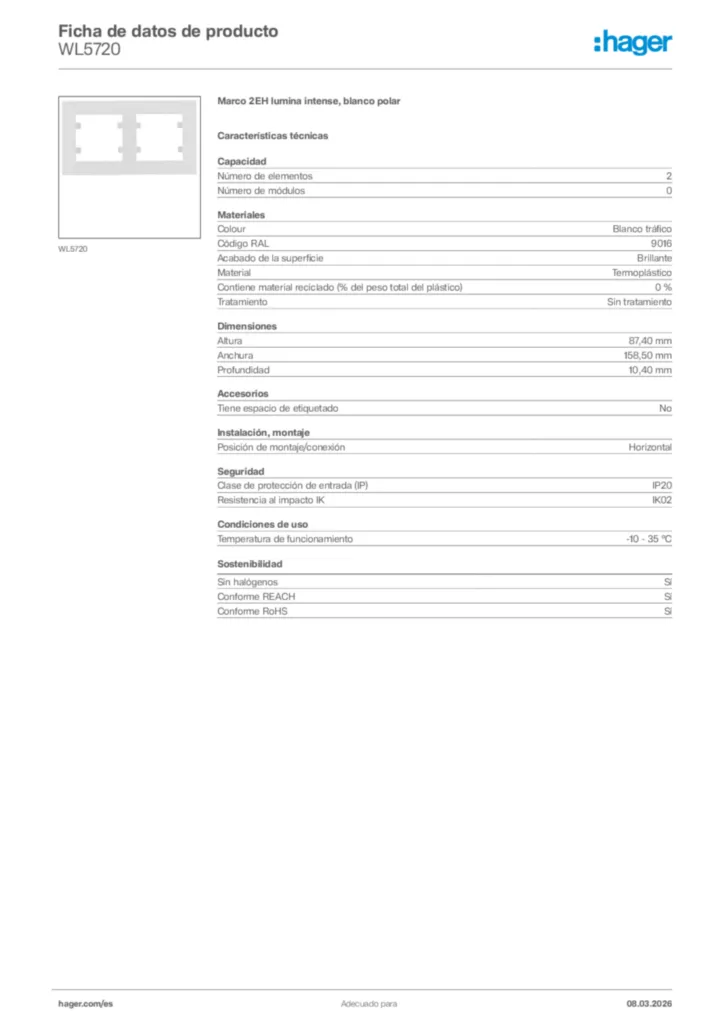 Imagen Hager Ficha de datos de producto WL5720 | Hager España