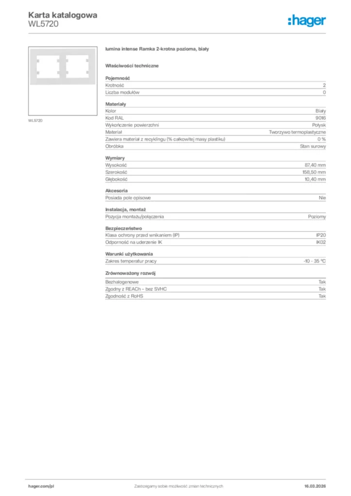 Zdjęcie Hager Karta katalogowa WL5720 | Hager Polska