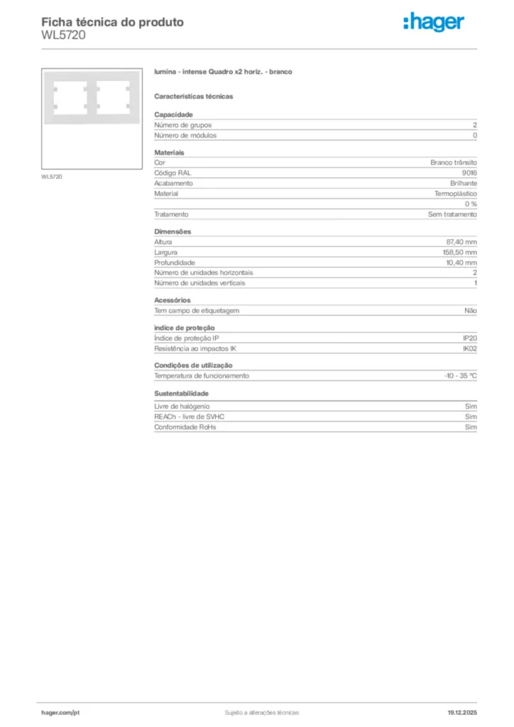 Imagem Hager Ficha técnica do produto WL5720 | Hager Portugal