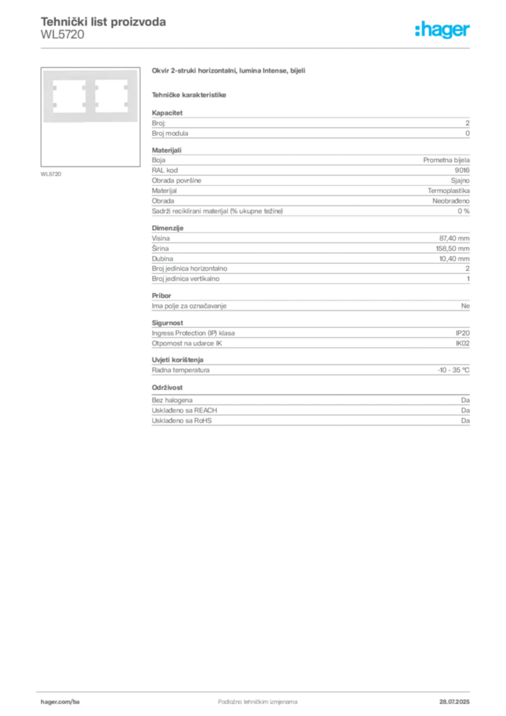 Slika Hager Product data sheet WL5720  | Hager
