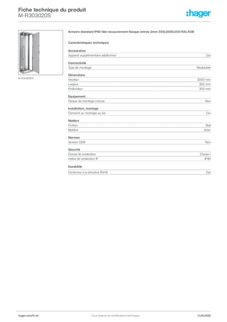 Image Hager Fiche technique du produit M-R303020S | Hager Suisse