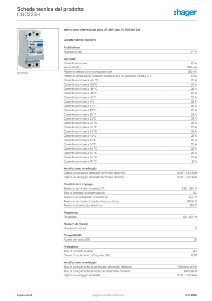 Immagine Hager Scheda tecnica del prodotto CGC225H | Hager Italia