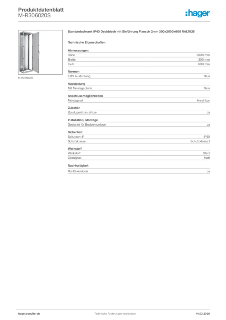Bild Hager Produktdatenblatt M-R306020S | Hager Schweiz