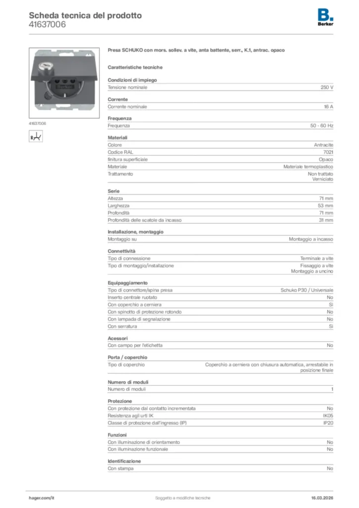 Immagine Berker Scheda tecnica del prodotto 41637006 | Hager Italia