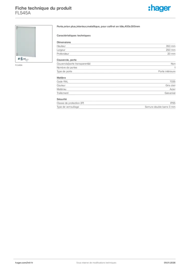 Image Hager Fiche technique du produit FL545A | Hager Afrique