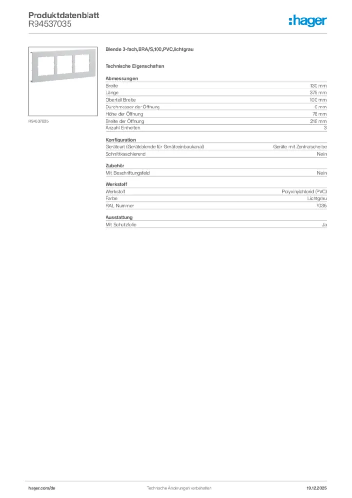 Bild Hager Produktdatenblatt R94537035 | Hager Deutschland