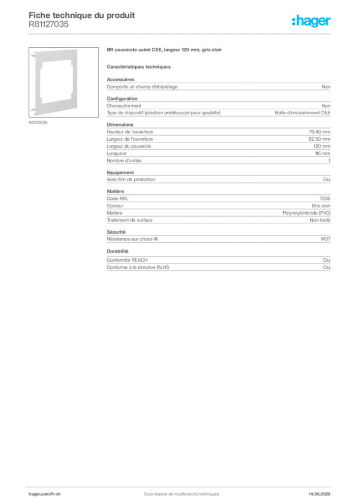 Image Hager Fiche technique du produit R81127035 | Hager Suisse