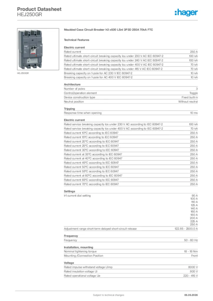 Image Hager Product data sheet HEJ250GR  | Hager Africa