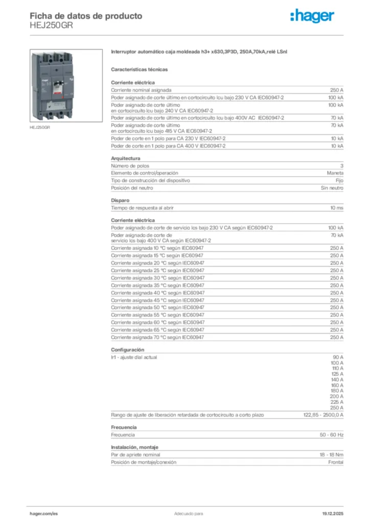 Imagen Hager Ficha de datos de producto HEJ250GR | Hager España