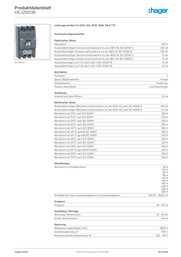 Bild Hager Produktdatenblatt HEJ250GR | Hager Deutschland