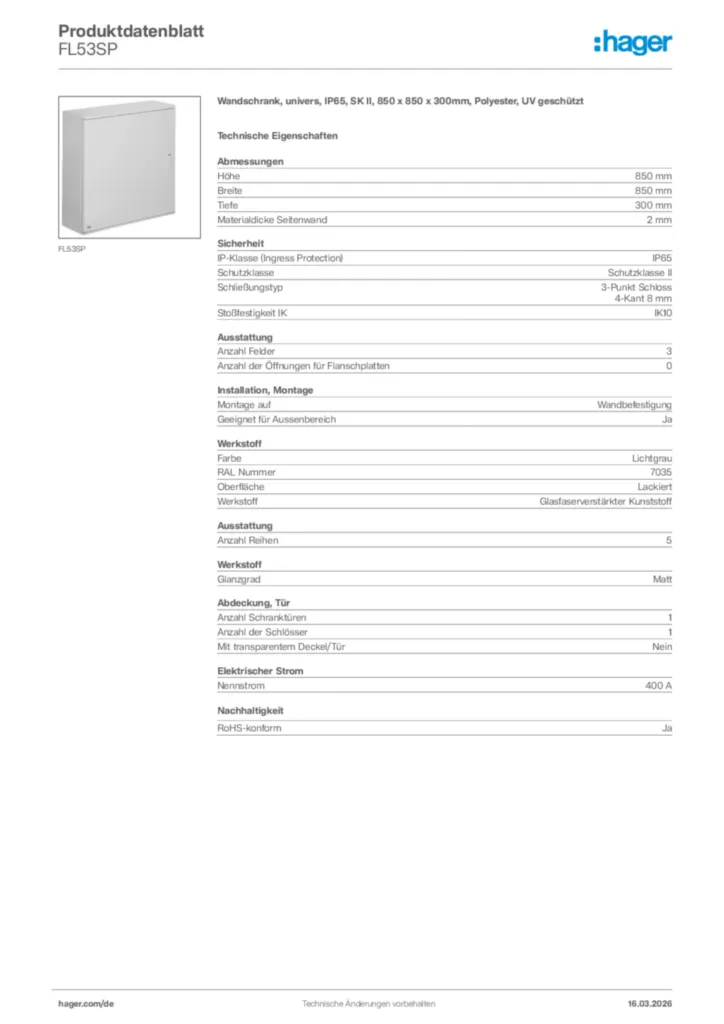 Bild Hager Produktdatenblatt FL53SP | Hager Deutschland