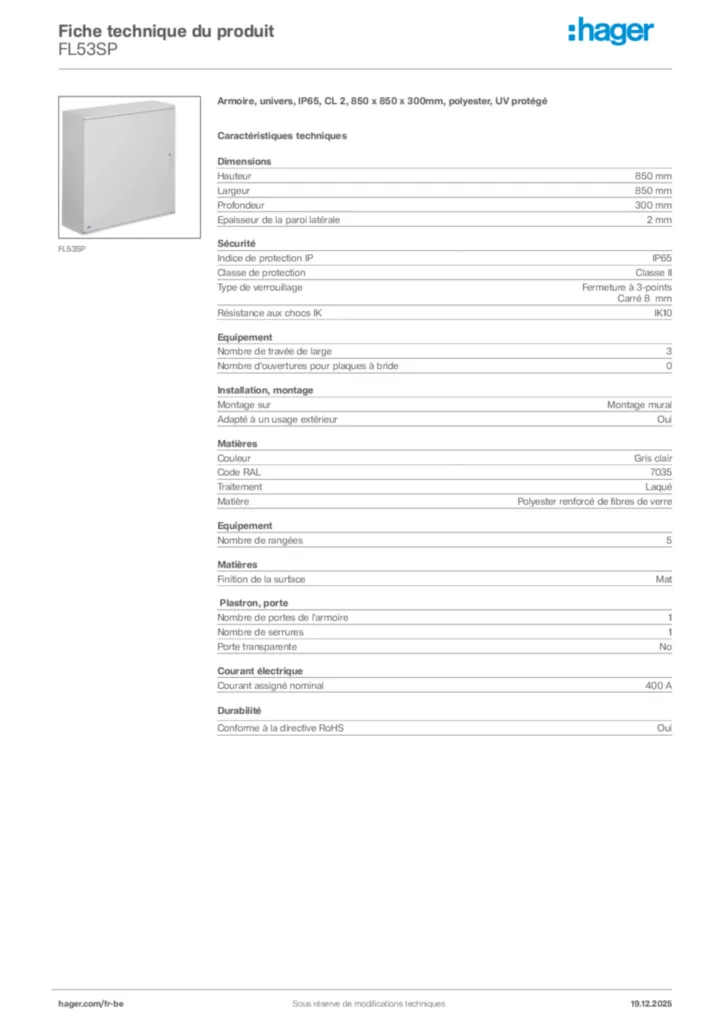 Image Hager Fiche technique du produit FL53SP | Hager Belgique