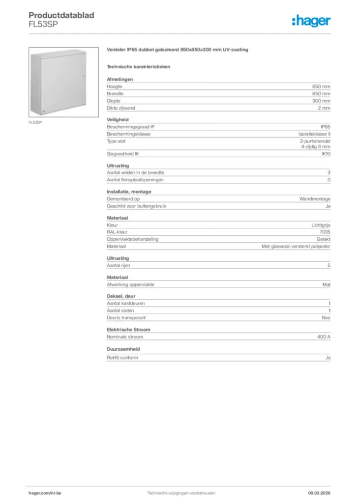 Afbeelding Hager Productdatablad FL53SP | Hager Belgium