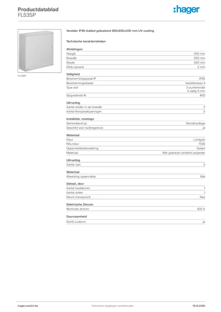 Afbeelding Hager Productdatablad FL53SP | Hager Belgium