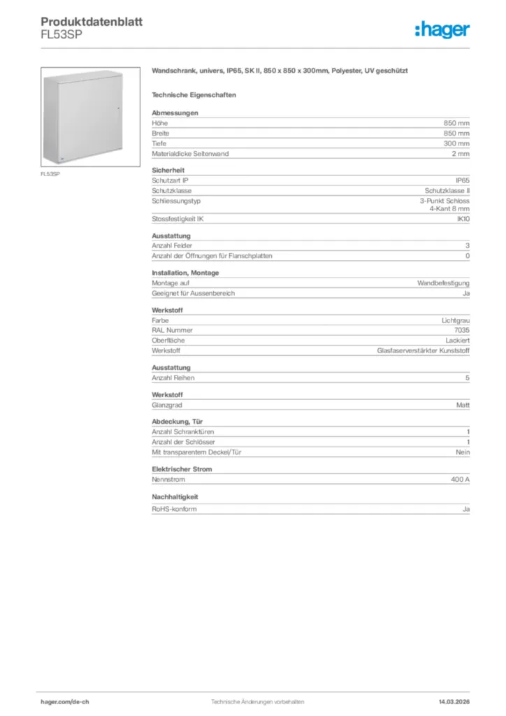 Bild Hager Produktdatenblatt FL53SP | Hager Schweiz