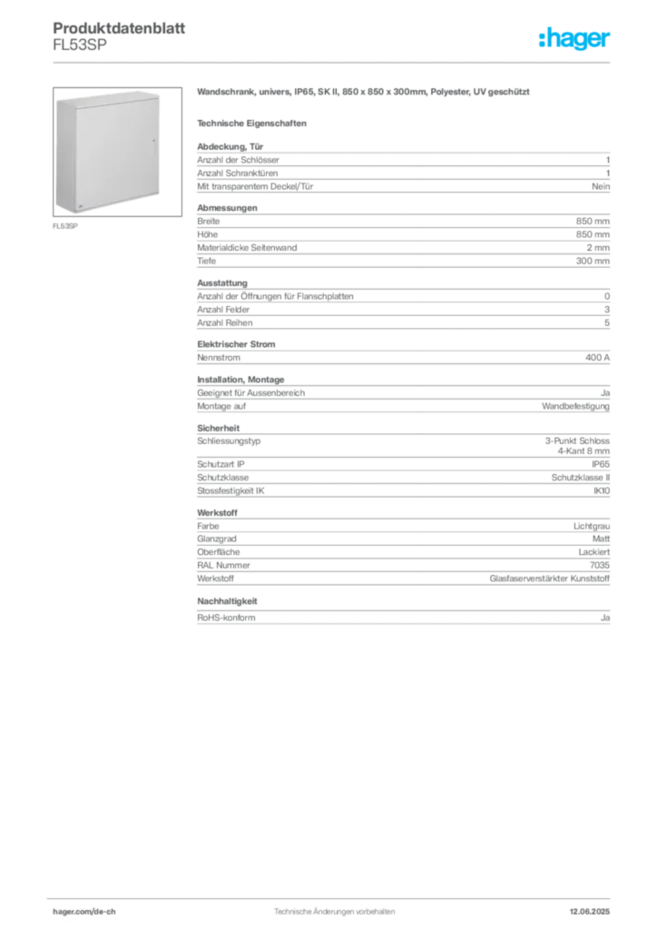 Bild Hager Produktdatenblatt FL53SP | Hager Schweiz