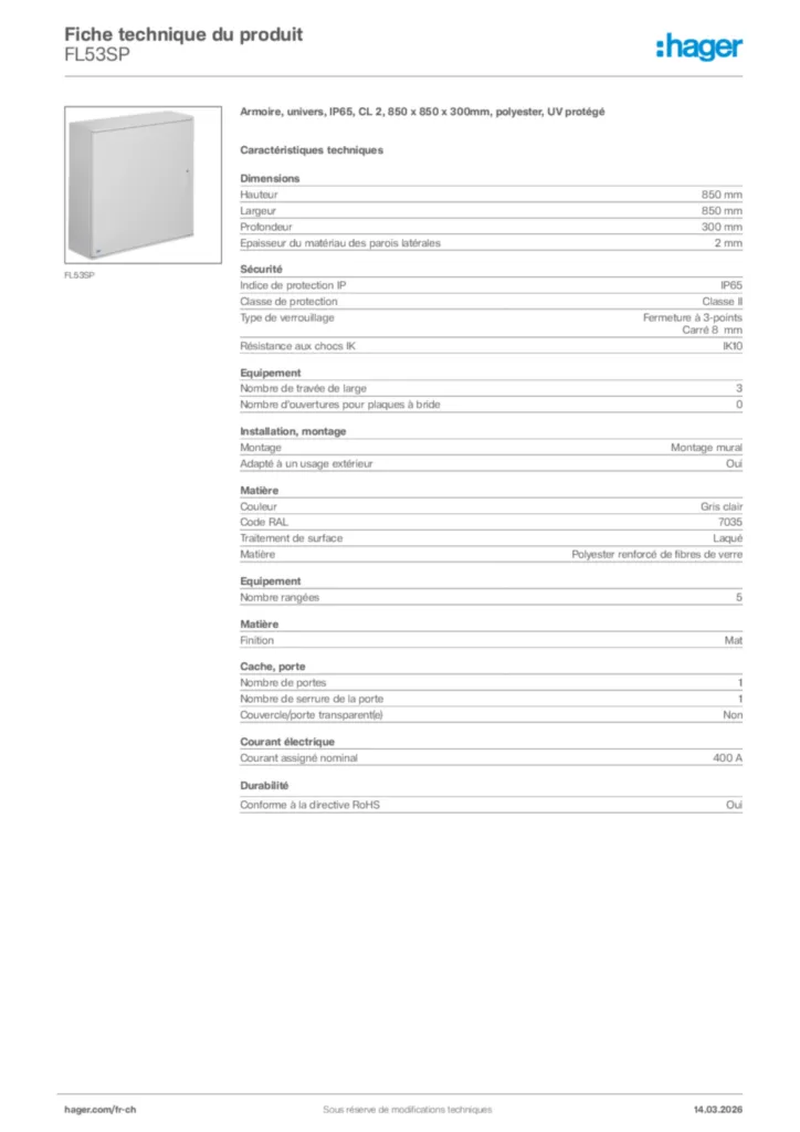 Image Hager Fiche technique du produit FL53SP | Hager Suisse