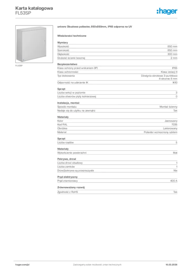 Zdjęcie Hager Karta katalogowa FL53SP | Hager Polska