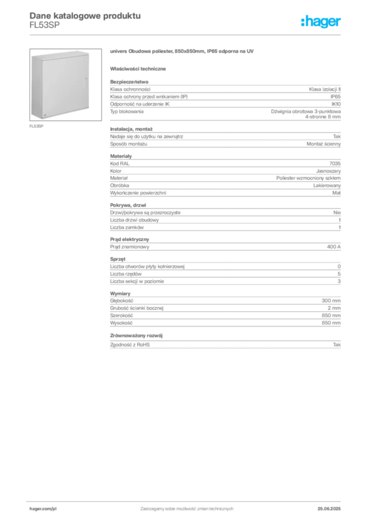 Zdjęcie Hager Karta katalogowa FL53SP | Hager Polska