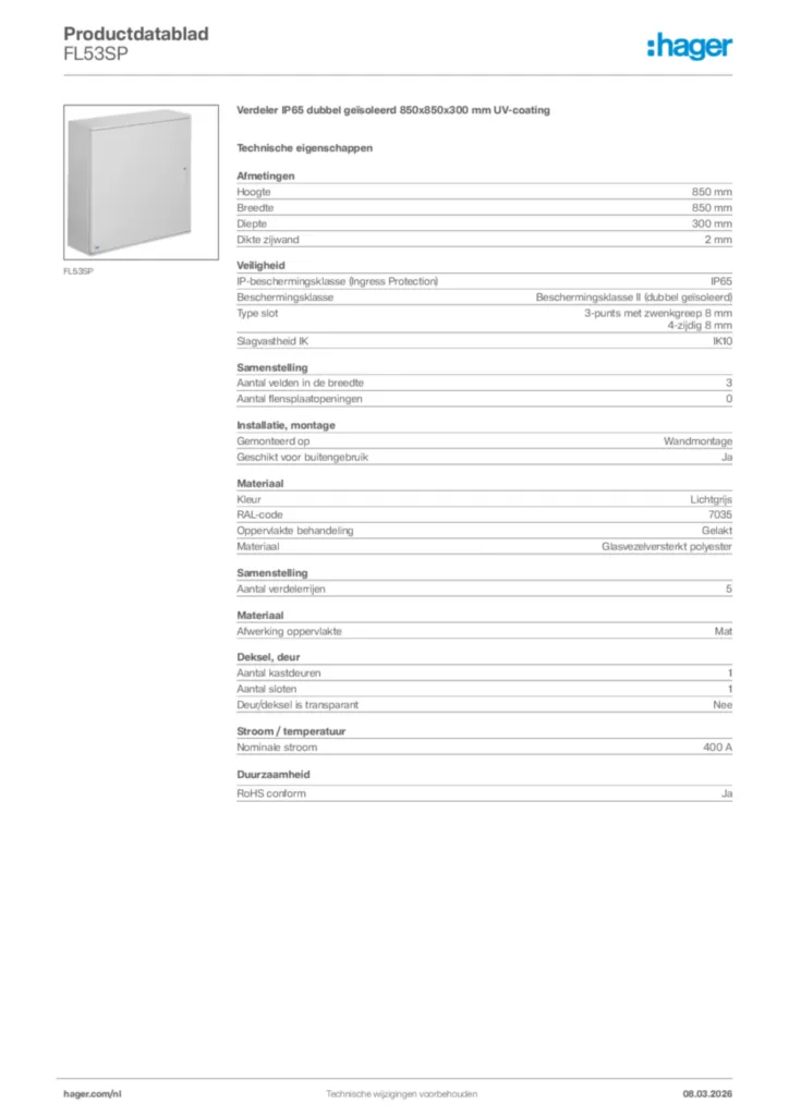 Afbeelding Hager Productdatablad FL53SP | Hager Nederland