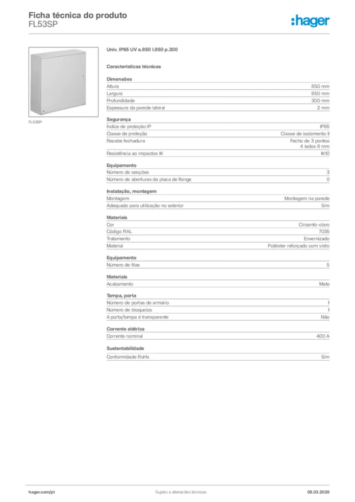 Imagem Hager Ficha técnica do produto FL53SP | Hager Portugal