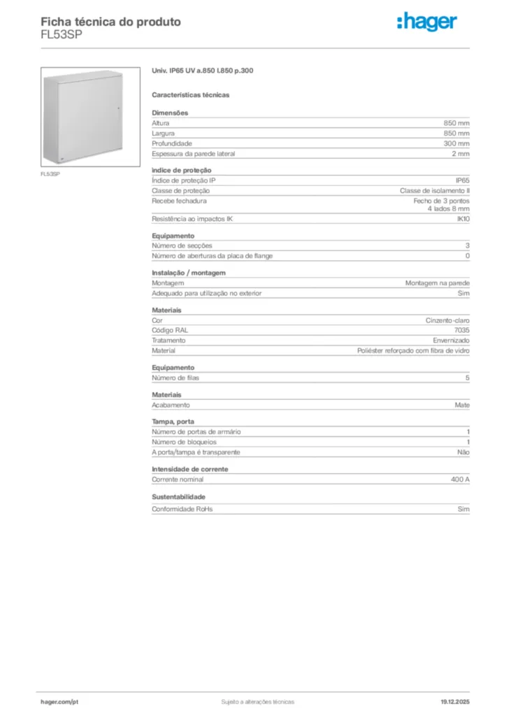 Imagem Hager Ficha técnica do produto FL53SP | Hager Portugal
