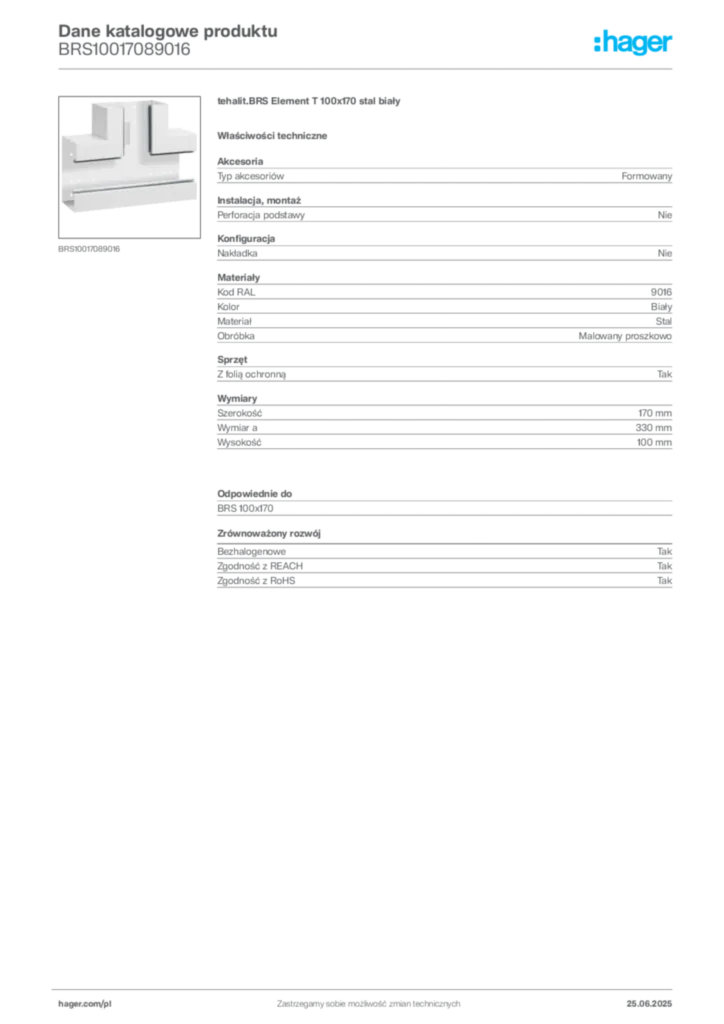 Zdjęcie Hager Karta katalogowa BRS10017089016 | Hager Polska