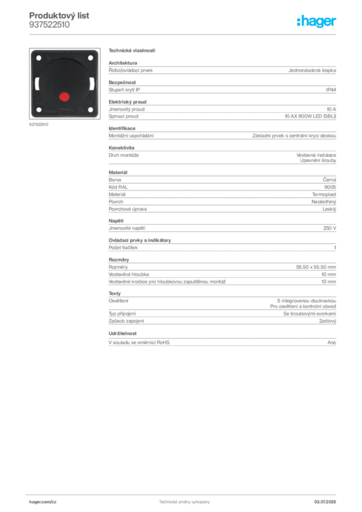 Obrázek Hager Produktový list 937522510 | Hager