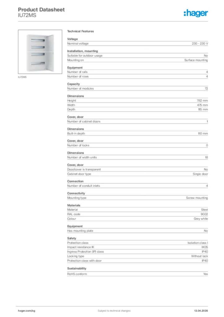 Image Hager Product data sheet IU72MS  | Hager