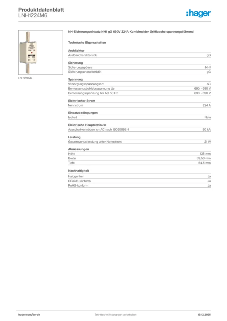 Bild Hager Produktdatenblatt LNH1224M6 | Hager Schweiz
